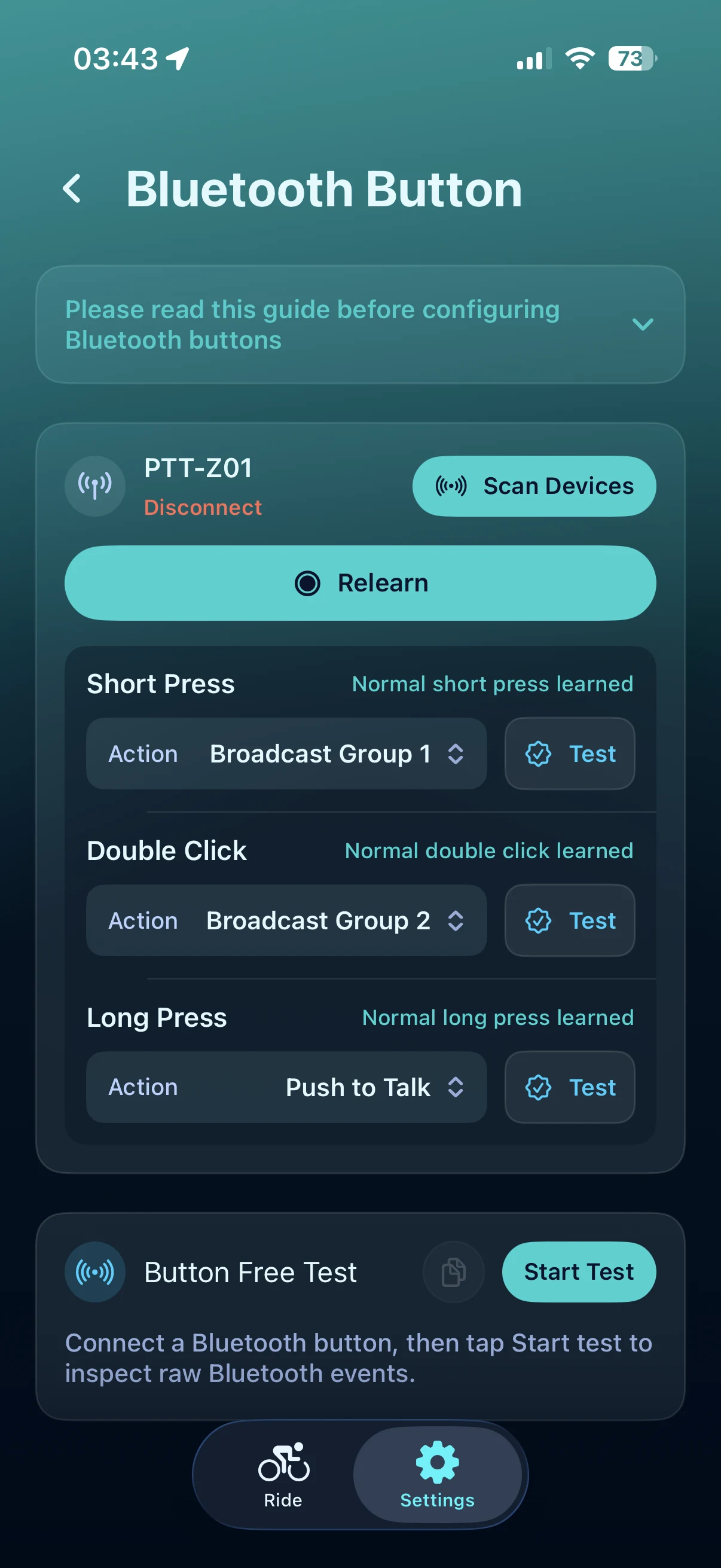 Bluetooth button configuration screen
