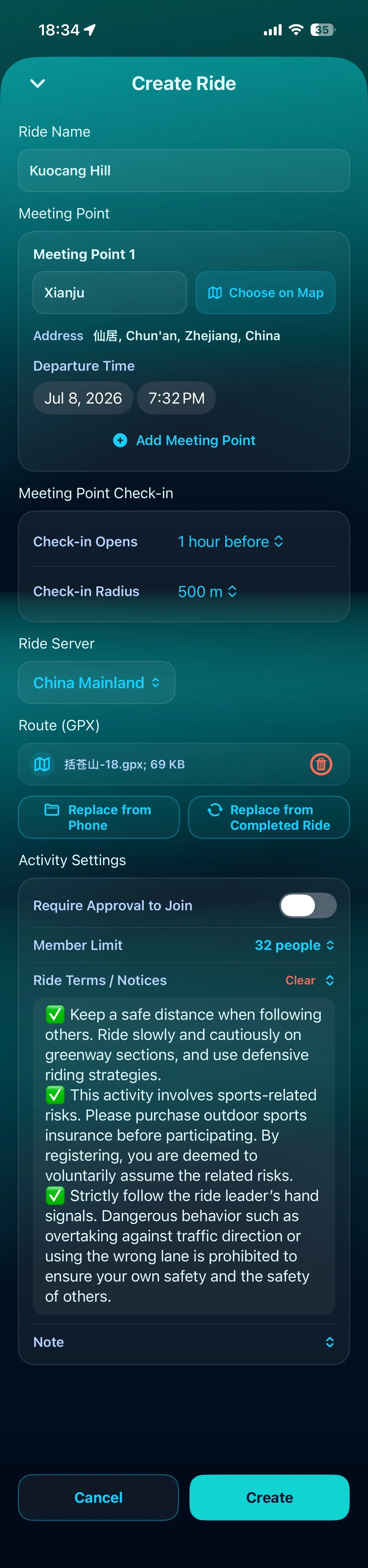 Create ride screen