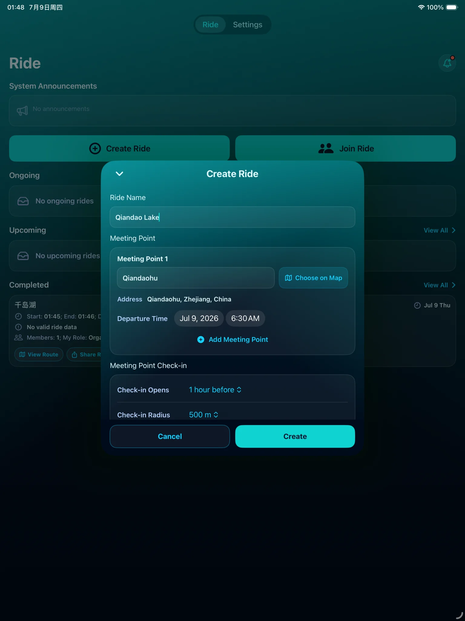 RideVox create ride screen on iPad