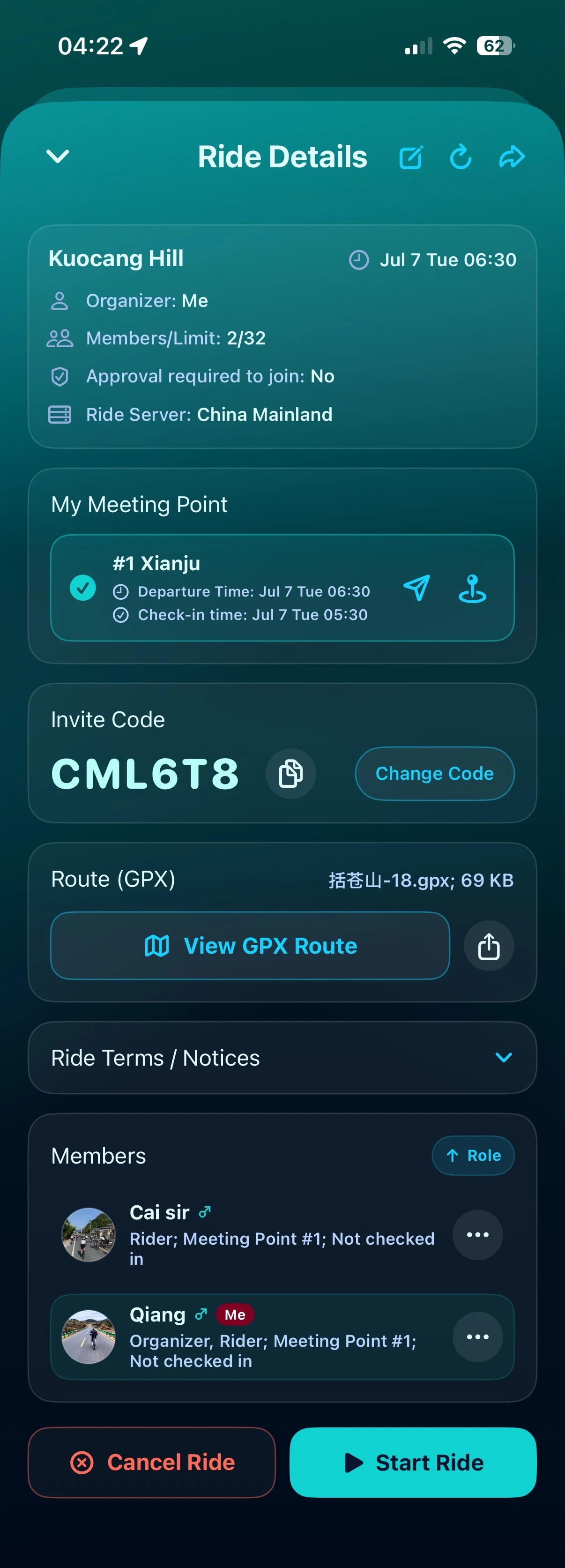 Ride detail screen