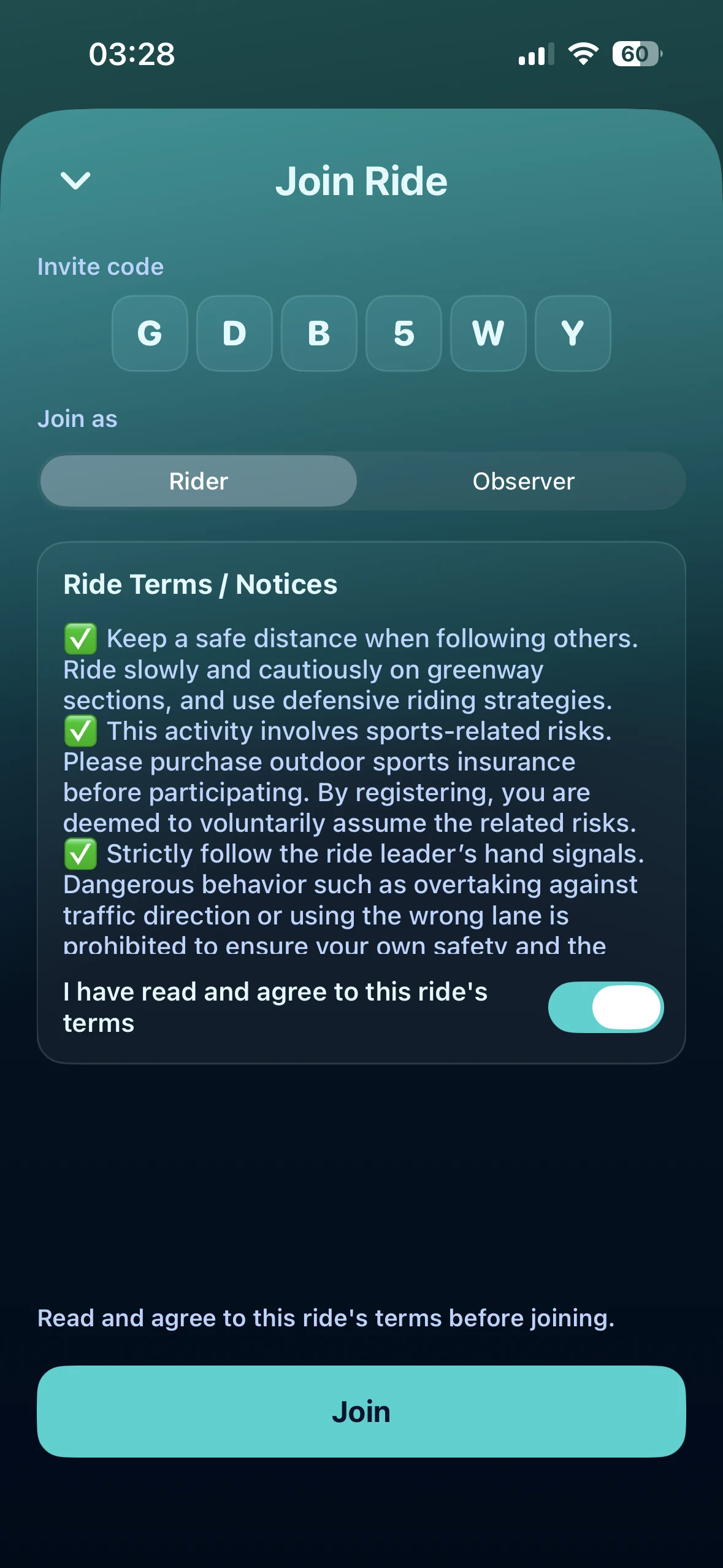Ride terms consent screen